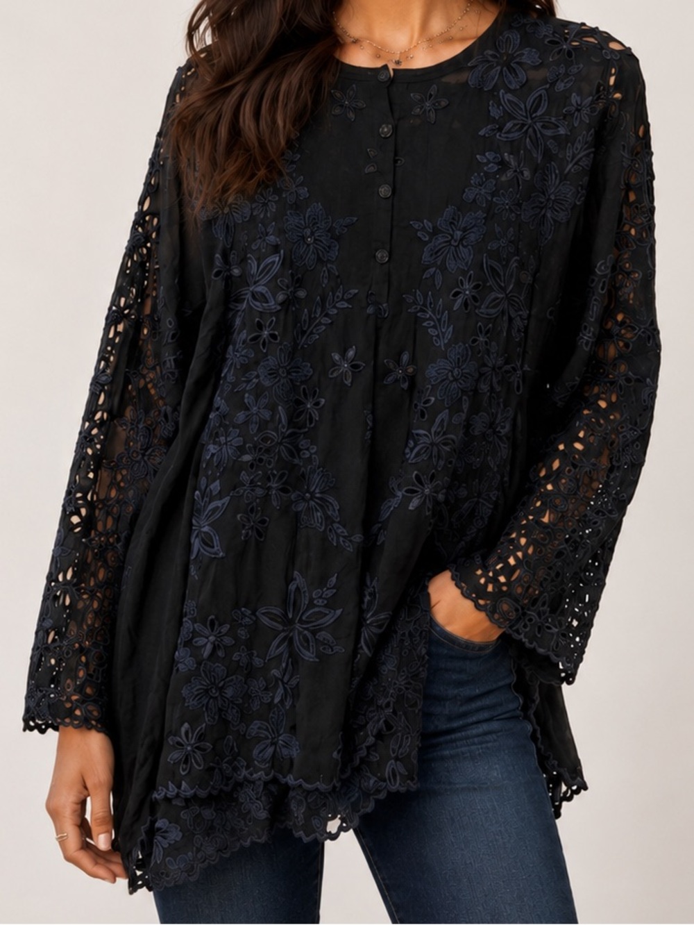 Johnny Was Black Embroidered Eyelet Nia Tunic Top Medium